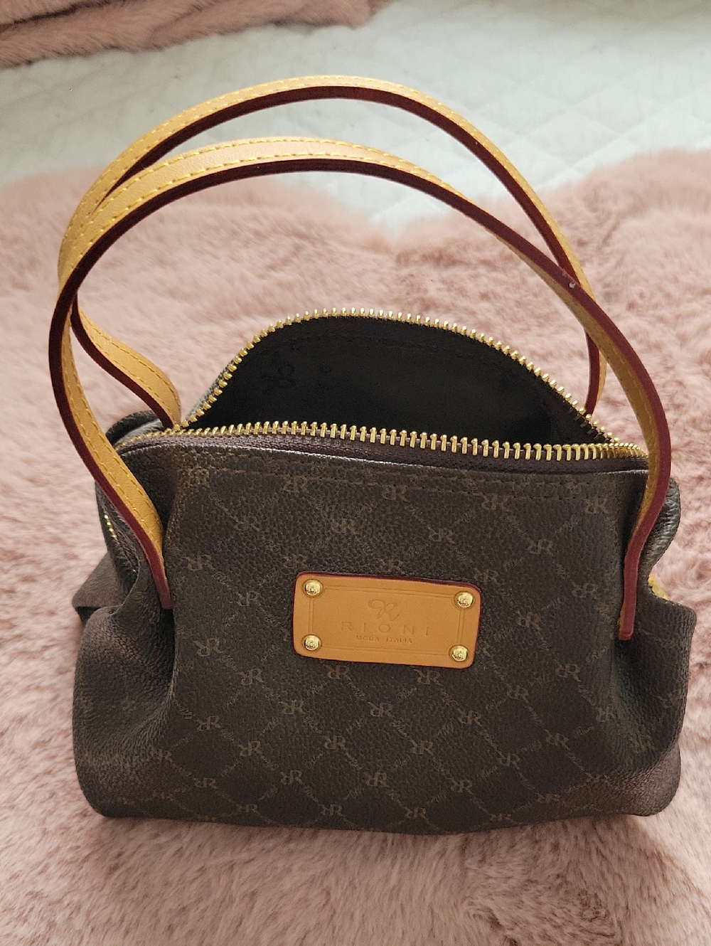 Rioni Mini Brown Patterned Shoulder Bag with Yellow Handles